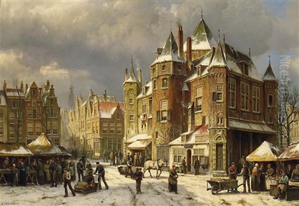 Markttreiben In Den Verschneiten Strasen Einer Hollandischen Stadt (nieuwmarkt In Amsterdam?) Oil Painting by Willem Koekkoek