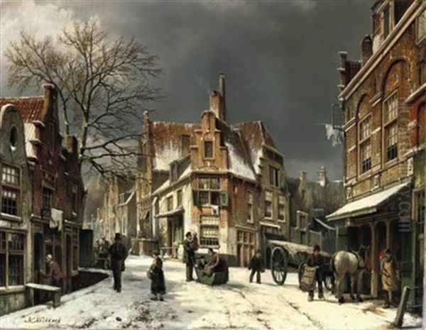 Enkhuizen - A Busy Day In Winter Oil Painting by Willem Koekkoek