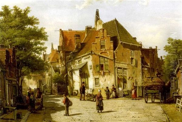 A View Of A Dutch Town With Figures In The Foreground Oil Painting by Willem Koekkoek