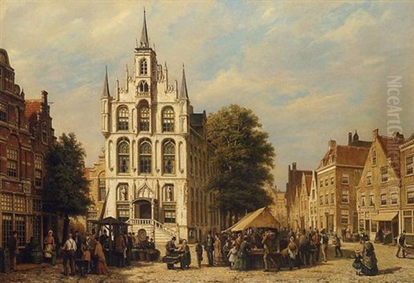 Figures In A Dutch Market Square Oil Painting by Willem Koekkoek