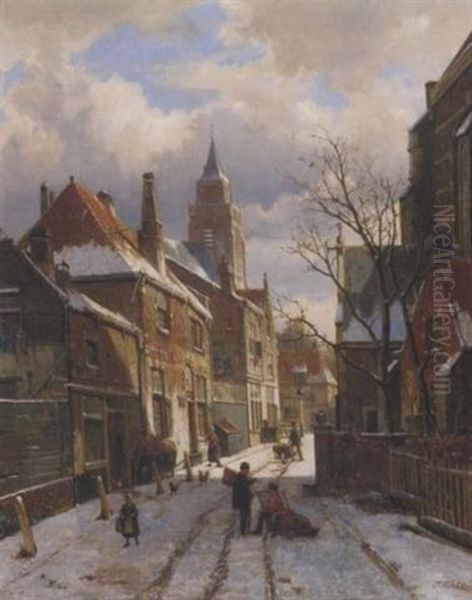 Daily Activities On A Sunny Winter's Day Oil Painting by Willem Koekkoek