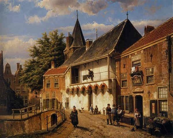 A Dutch Street With Figures By An Inn Oil Painting by Willem Koekkoek