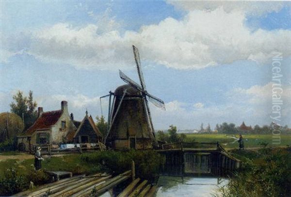 Summer: A Windmill In A Polder Oil Painting by Willem Koekkoek