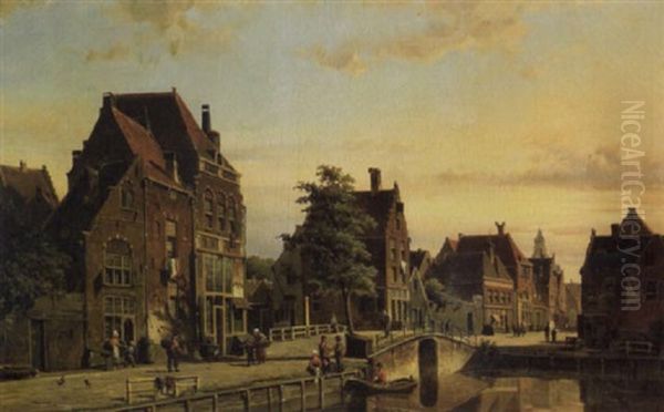 A Street Scene In Amsterdam With Figures By A Canal by Willem Koekkoek