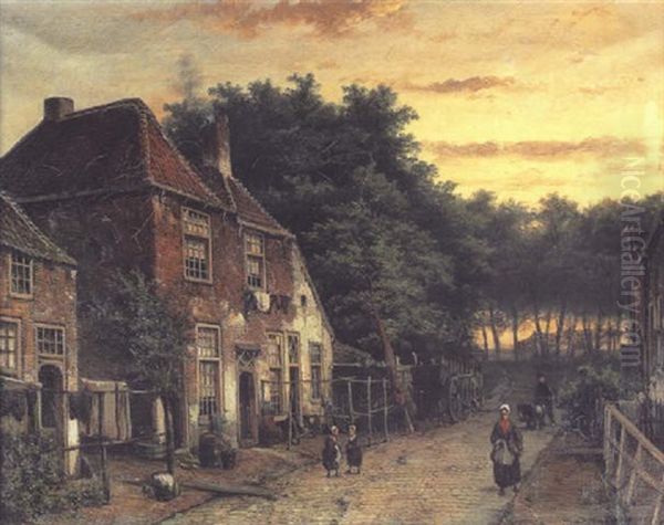 Figures Before A House In A Dutch Street Oil Painting by Willem Koekkoek