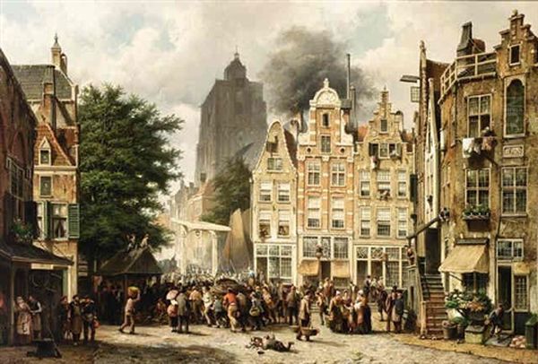 Numerous Figures On A Rotterdam Square Oil Painting by Willem Koekkoek