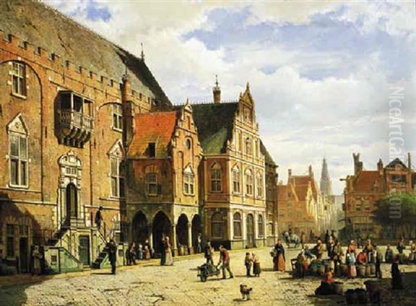 A Summer's Day With Vegetable Market By The Town Hall Of Haarlem Oil Painting by Willem Koekkoek