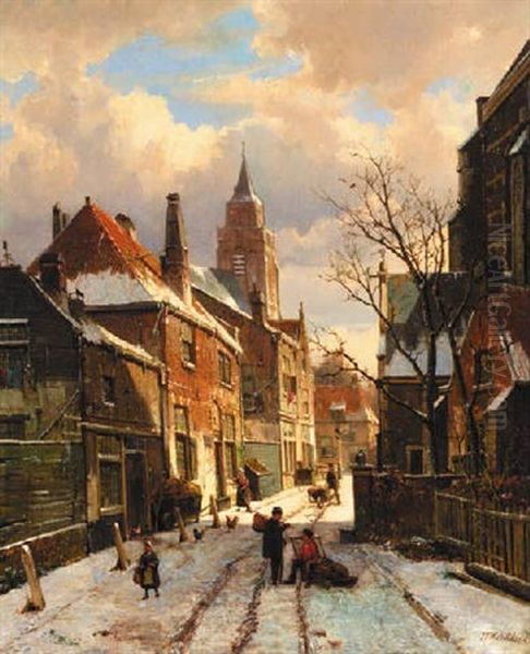 Figures Conversing In A Snow-covered Street Oil Painting by Willem Koekkoek