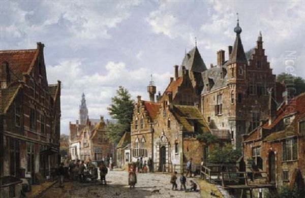 A Busy Street On A Sunny Day In A Dutch Town Oil Painting by Willem Koekkoek