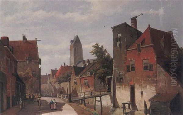 Figures By Canal In A Dutch Town Oil Painting by Willem Koekkoek