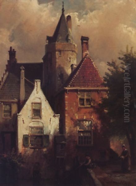 Stadtgezicht Met Hengelaar Oil Painting by Willem Koekkoek