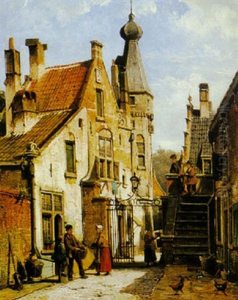 A Townscene With Figures By A Wrought Iron Gate Oil Painting by Willem Koekkoek