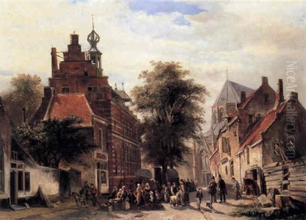 Market Day In A Dutch Town Oil Painting by Willem Koekkoek