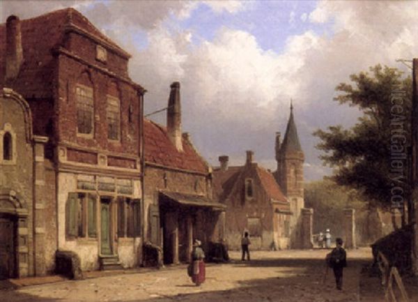 Figures In A Sunlit Street Oil Painting by Willem Koekkoek