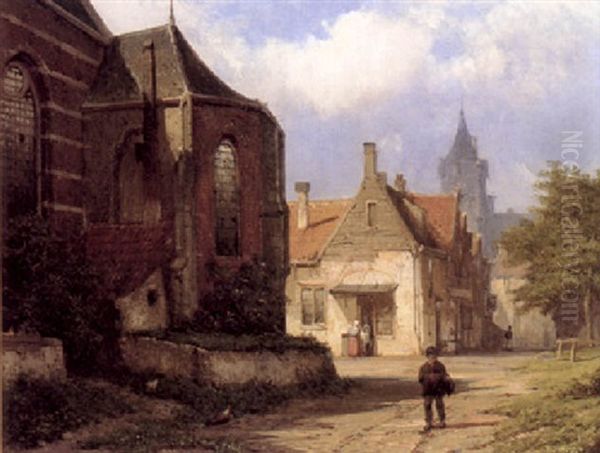 Figure Before A Redbrick Church In A Dutch Town Oil Painting by Willem Koekkoek