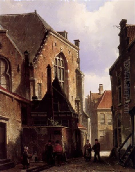 Figures Conversing In A Street In A Dutch Town Oil Painting by Willem Koekkoek