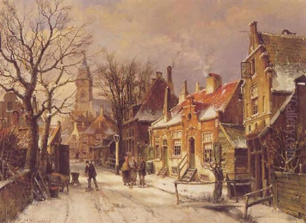 Figures In A Snowy Street Of A Dutch Town by Willem Koekkoek