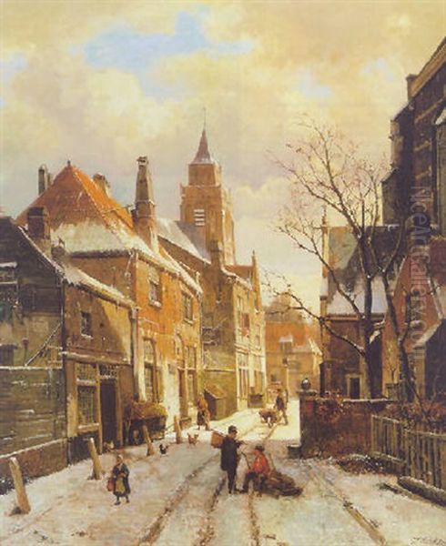 Figures In A Snowy Street In A Dutch Town Oil Painting by Willem Koekkoek