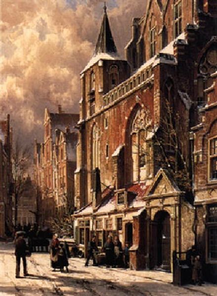 Figures In A Wintry Town Oil Painting by Willem Koekkoek