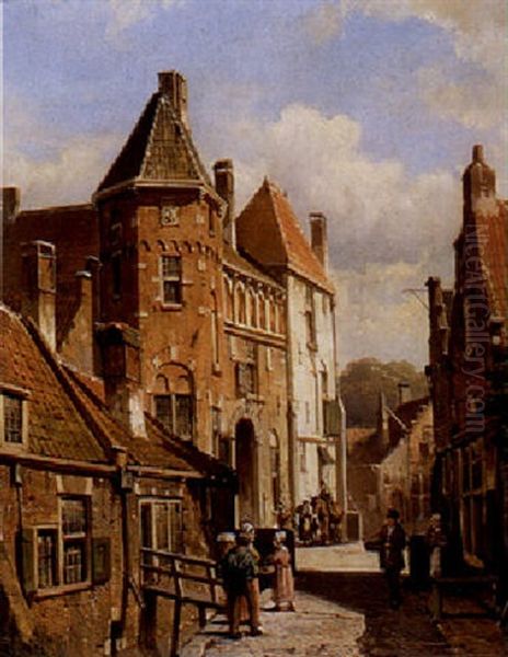 People In The Streets Of A Town Oil Painting by Willem Koekkoek