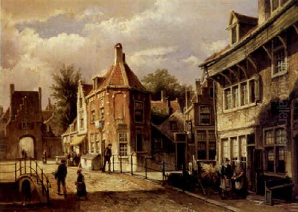 A Townscene With People By A Bridge Oil Painting by Willem Koekkoek