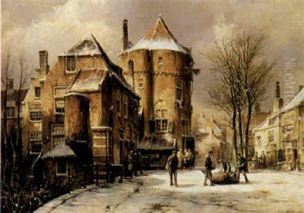 A Wintry Townscene Oil Painting by Willem Koekkoek