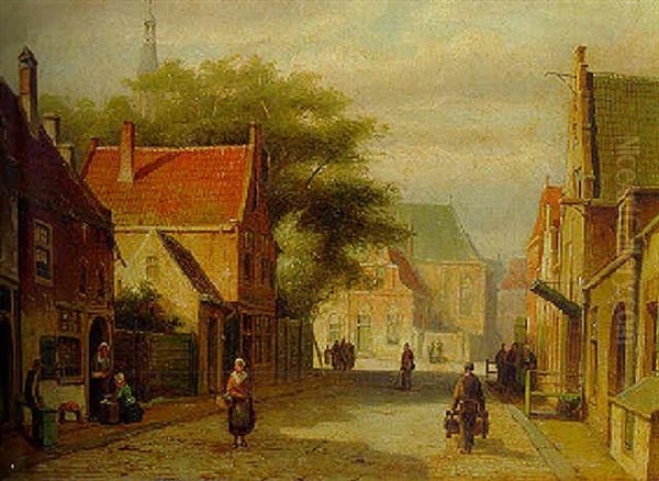 A Sunlit Street With Villagers Oil Painting by Willem Koekkoek