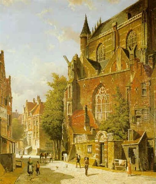 Figures In A Street Scene, Summer Oil Painting by Willem Koekkoek