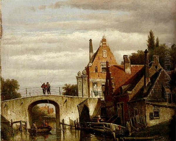 Figures Boating And Fishing Off A Bridge On A Canal Oil Painting by Willem Koekkoek