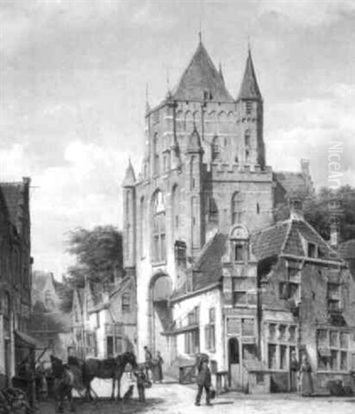 Gezicht Op De Amsterdamse Of Spaarnwouder Poort Te Haarlem Oil Painting by Willem Koekkoek