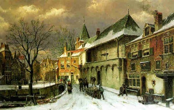 A Winter Street Scene, Amsterdam Oil Painting by Willem Koekkoek