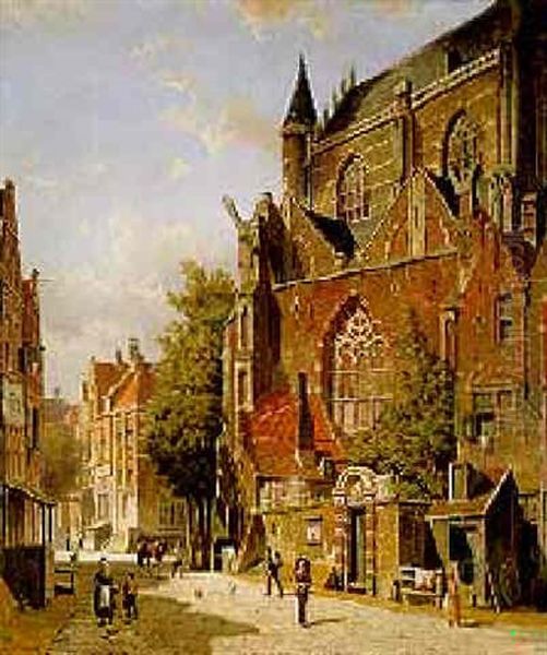 Figures In A Street Scene, Summer Oil Painting by Willem Koekkoek