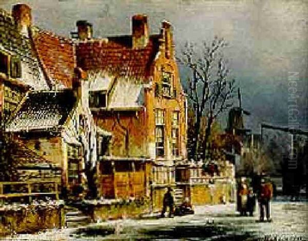 A View In A Town With Houses Along A Frozen Canal, With Townsfolk By A Drawbridge Oil Painting by Willem Koekkoek