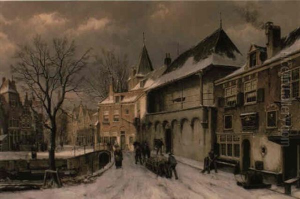 A View In A Dutch Town In Winter With A Horse And Sled Oil Painting by Willem Koekkoek