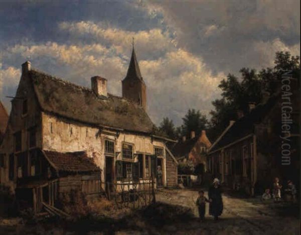 Figures In A Dutch Village Oil Painting by Willem Koekkoek