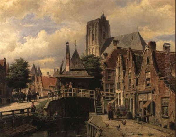 A Dutch Town With Figures By A Canal Oil Painting by Willem Koekkoek