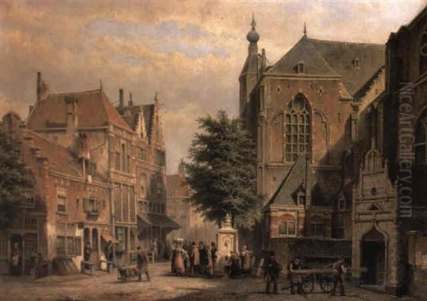 A View Of A Square In A Dutch Town With Figures Beside A Well Oil Painting by Willem Koekkoek