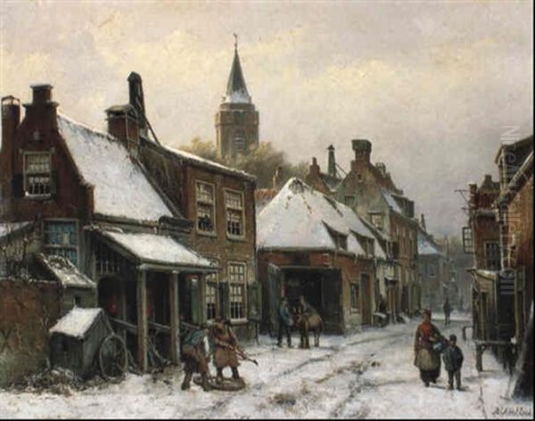 A View In A Snowy Street With Figures In Front Of A Forge Oil Painting by Willem Koekkoek