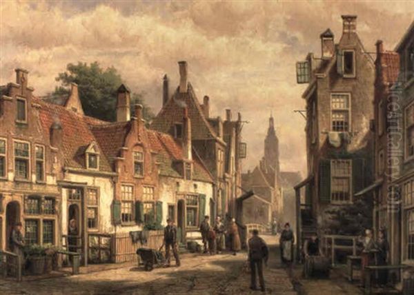 Figures Conversing In A Dutch Street Scene by Willem Koekkoek