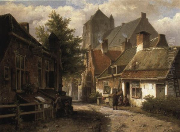 Oorschot, Figures In A Sunlit Street Oil Painting by Willem Koekkoek