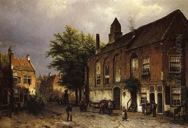 A View In A Village With Townsfolk Conversing On A Square, And Peasants Unloading A Donkey-drawn Cart Oil Painting by Willem Koekkoek