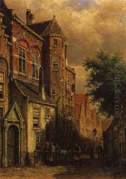 A View In A Town With Several Villagers In A Street, In Summer Oil Painting by Willem Koekkoek