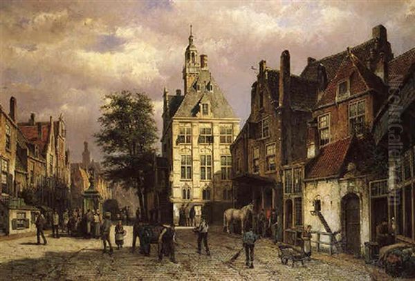 A Market Square With Peasants Pulling A Cart, Another Peasant Leading A Horse To A Smithy by Willem Koekkoek