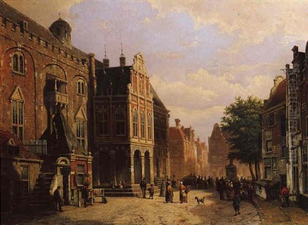 A Capriccio View Of Haarlem With Numerous Townsfolk By A Fountain, The Old Town Hall On The Toernooiveld Beyond Oil Painting by Willem Koekkoek