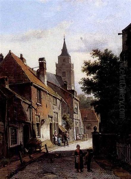 A Quiet Dutch Street Oil Painting by Willem Koekkoek