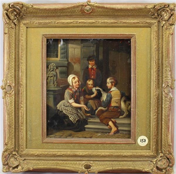 Painting Of Children Playing With A Dog Near A Street Oil Painting by Johan Philip Koelman