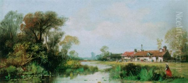 A Landscape With Farmhouses Along A River Oil Painting by Johan Daniel Koelmann