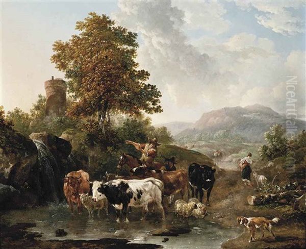 A River Landscape With A Drover And His Herd Oil Painting by J. de Koenick