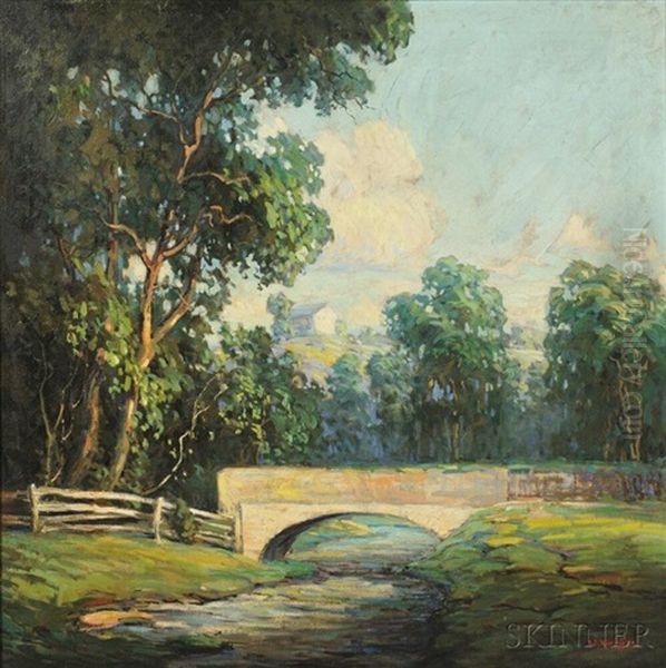 Summer Landscape With River And Bridge Oil Painting by Walter Koeniger