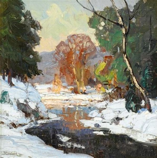 River In A Winter Landscape Oil Painting by Walter Koeniger